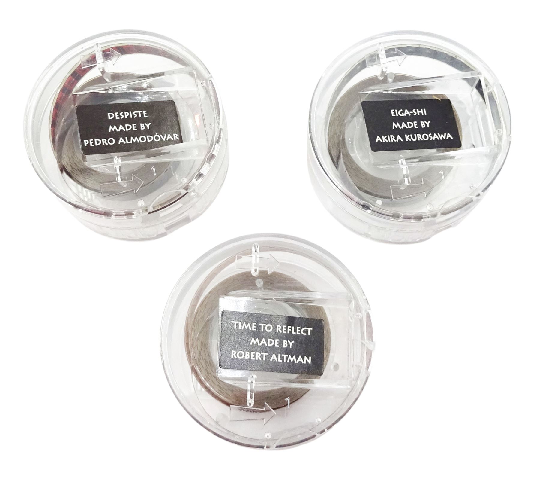 Swatch 100 years of Cinema three quartz wristwatches, each watch with mini film by Robert Altman, Pedro Almodovar and Akira Kurosawa, boxed with mini projector