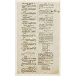 18th century double page handbill for 'Newmarket First Spring Meeting, April 1799' with list of runners and owners etc 31cm x 37cm framed, a single page bill 'Newmarket Third October or Houghton Meeting October 1803', another 'Doncaster Races September 1767' 30cm x 17cm, and another York August Meeting 1806 29cm x 17cm all framed (4) 
Provenance: property of a Nobleman