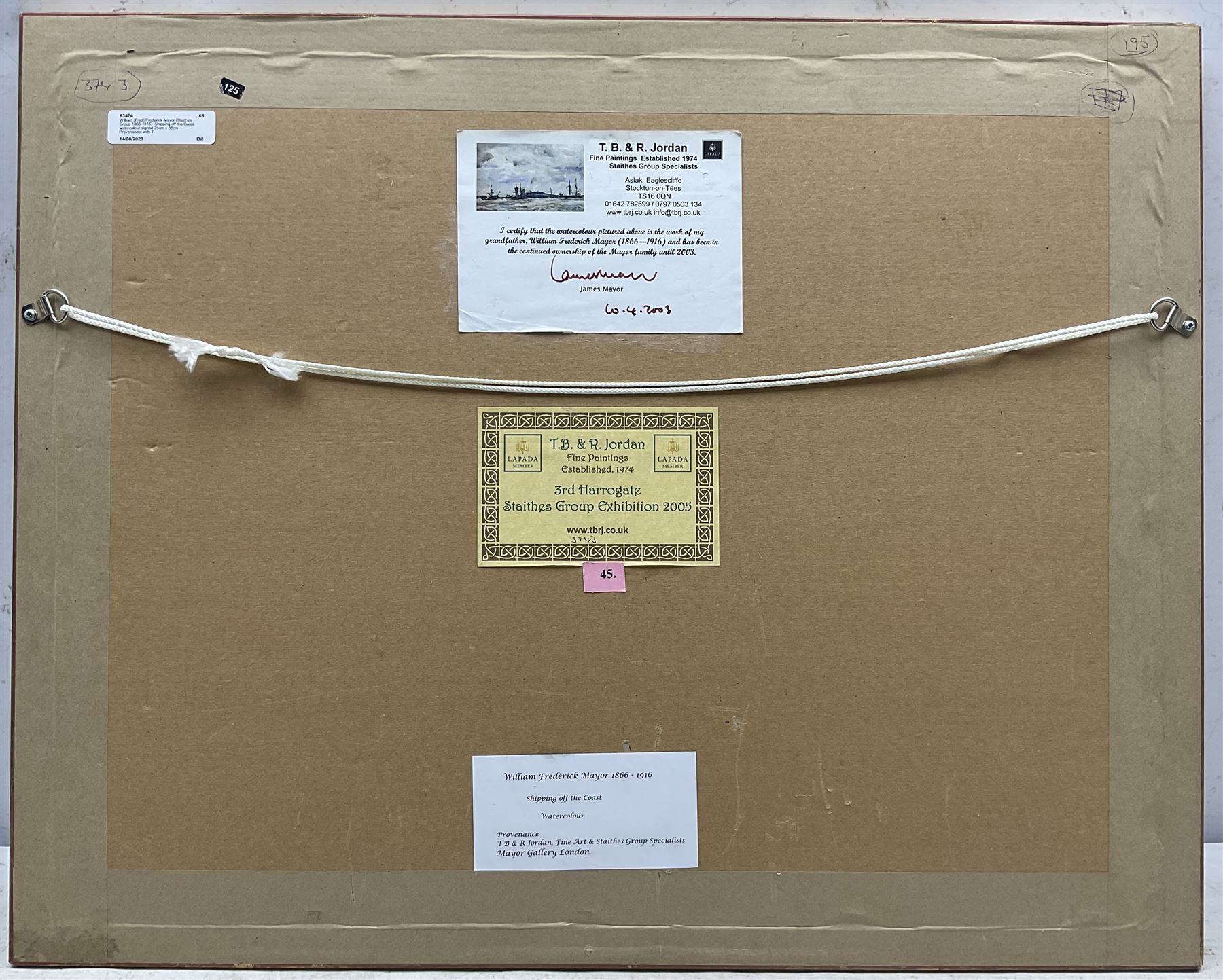 William (Fred) Frederick Mayor (Staithes Group 1866-1916): Shipping off the Coast, watercolour signed 25cm x 38cm
Provenance: with T B & R Jordan, exh. 3rd Harrogate Staithes Group Exhibition 2005; the artist's family, certificate verso