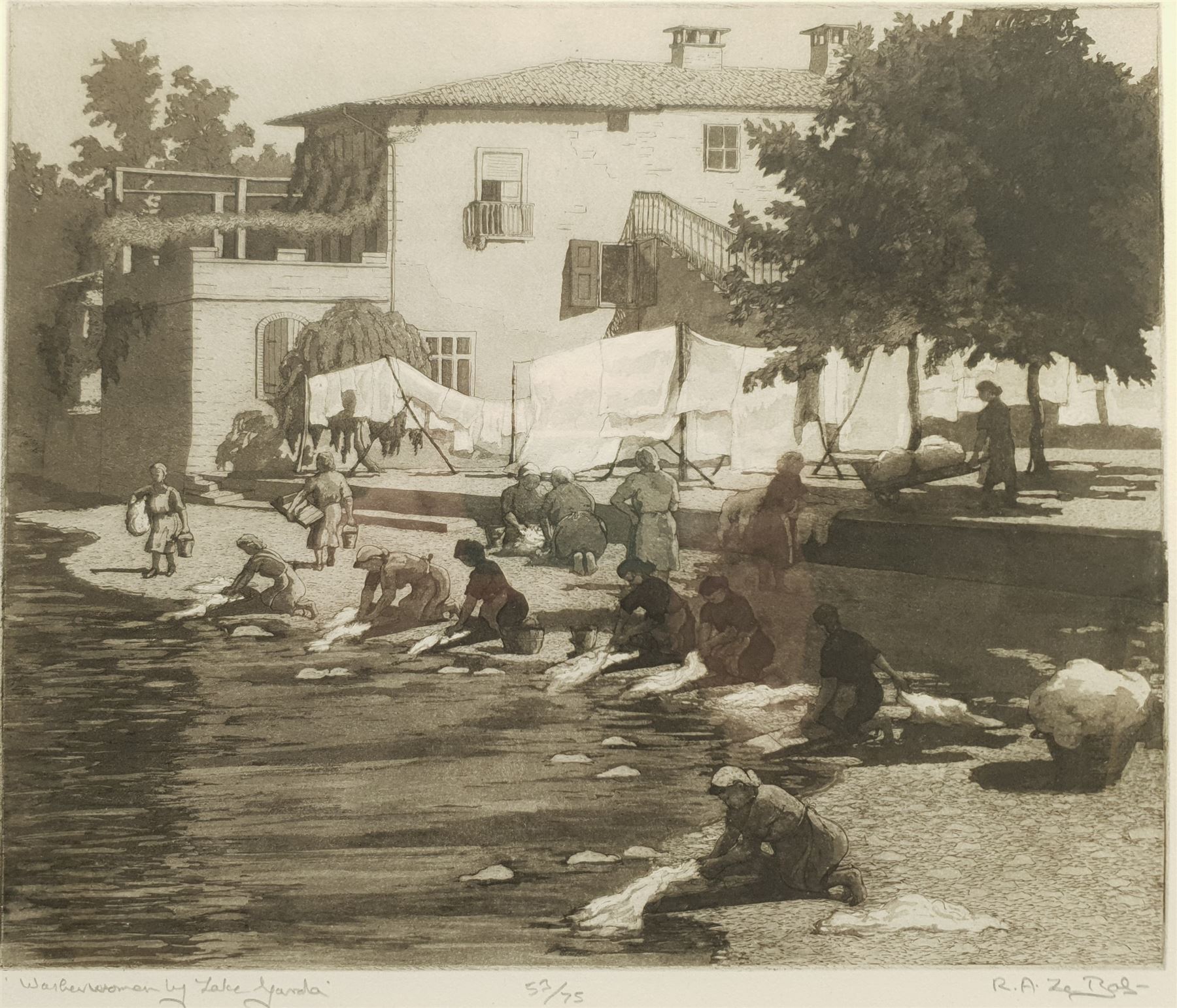 Rachel Ann Le Bas NEAC RE (British 1923-2020): 'Washerwomen by Lake Garda', limited edition etching with aquatint signed titled and numbered 53/75 in pencil 27cm x 32cm 
Notes: this study was Rachel Ann's diploma piece for the Royal Society of Painter-Printmakers and one of the few illustrated in the Society's publication 'No Day without a Line'; exh. Royal Society of Painters in Watercolours Bankside Gallery, London, Label verso