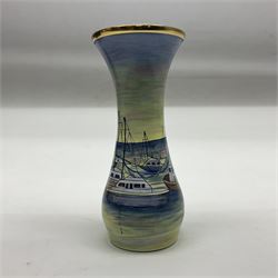 Moorcroft enamel vase, decorated with moored boats, in fitted box, H8cm