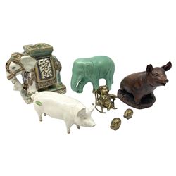 Beswick pig CH Wall CH Boy 53 figure, Priory Castings model of a seated pig, majolica ashtray in the form of an Indian elephant, elephant figure in green glaze and brass figures of pigs, Beswick pig L16cm