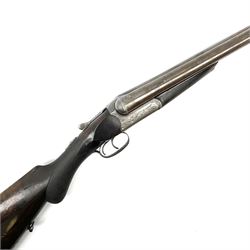 Lincoln Jeffries 12-bore side-by-side double barrel lightweight boxlock non-ejector sporting gun,  out-of-proof 66cm damascus barrels with sunken ribs, profusely engraved action, Prince of Wales walnut stock with chequered pistol grip and fore-end and thumb safety, sling swivels under barrel and stock, serial no.2139(?), L107.5cm overall RFD ONLY