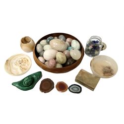 Collection of marble, agate, onyx and stone eggs housed in a turned wood bowl, onyx bowls and hinged box etc and various glass marbles 