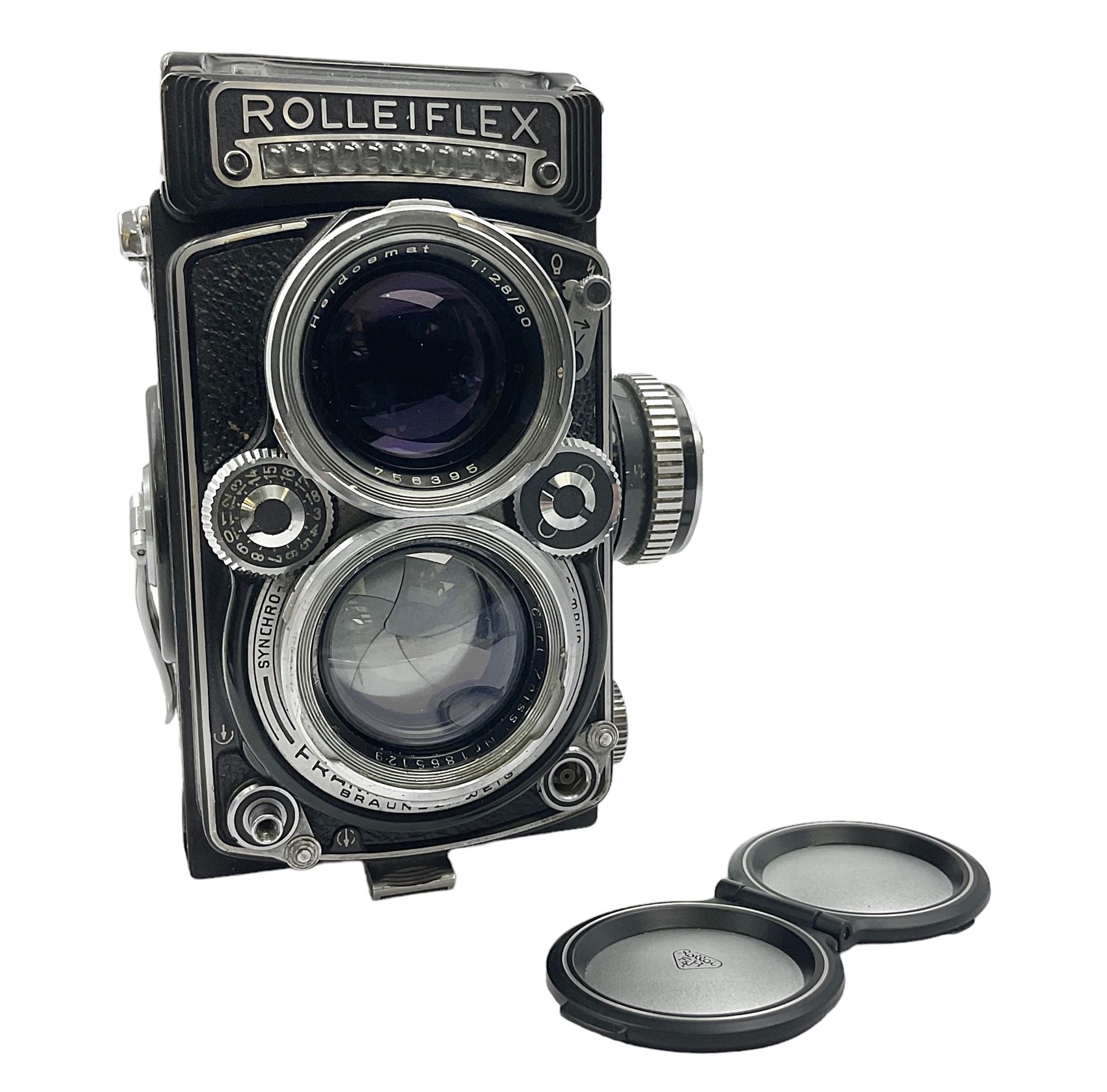 Rolleiflex Series E twin lens camera body, serial no. 1623867, with 'Planar 1.28 f-80mm' lens and 'Heidosmat 1:2.8/80' lens 