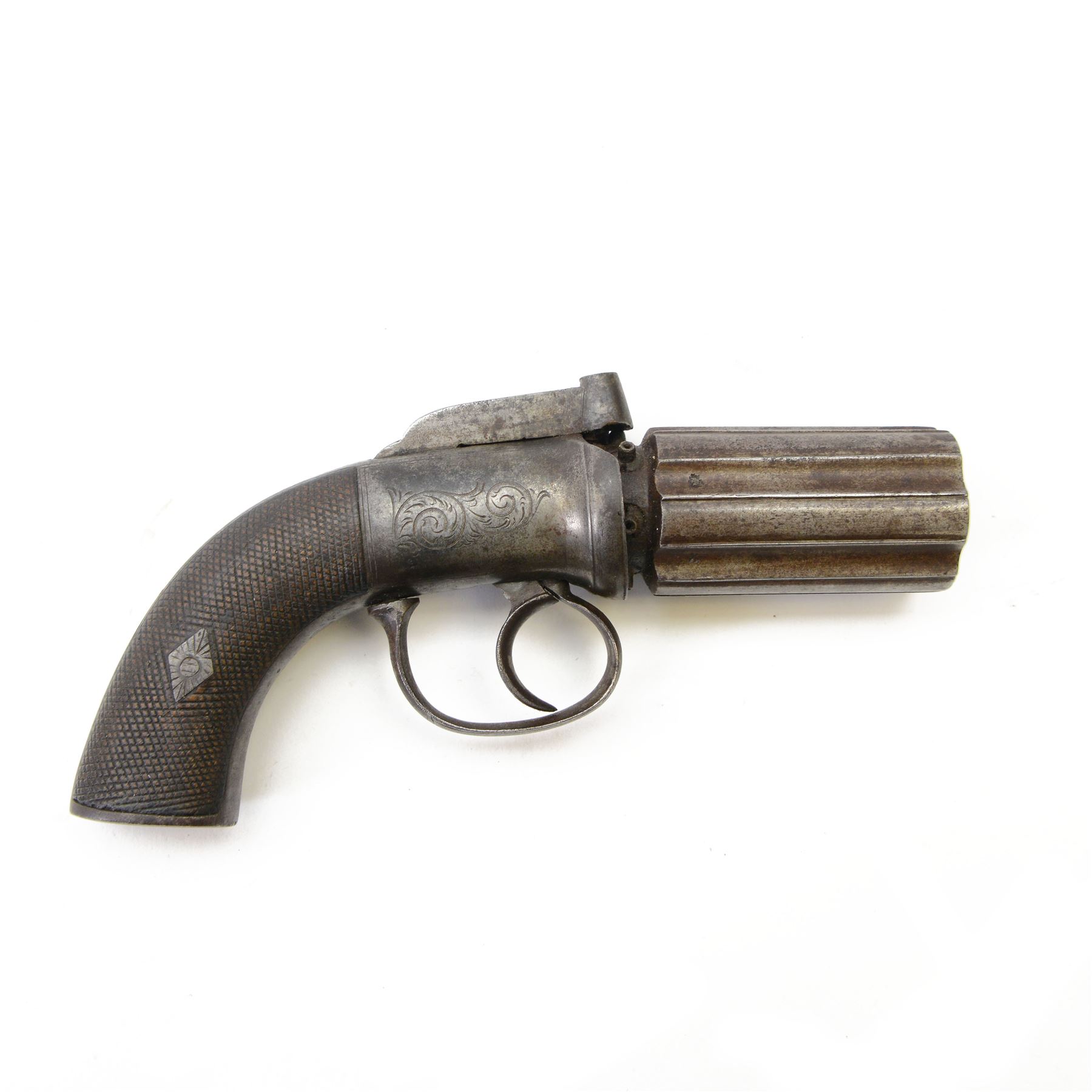 19th Century Percussion Cap Pepperpot Pistol, with rotating six shot barrel, engraved body and hammer, chequered grip with applied cartouche, L20cm