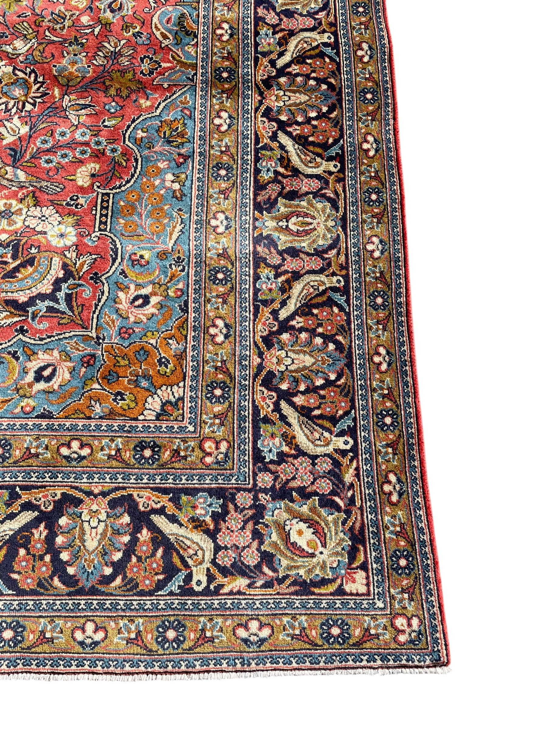 Persian Kashan peach ground rug, central rosette medallion surrounded by trailing branches and flower heads with bird motifs, light blue spandrels with further floral decoration, the main border with repeating palmettes and birds, within guard stripes