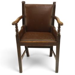 DD CL - Early 20th century oak open armchair, rectangular back with scrolled uprights, bro...