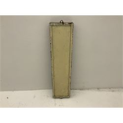 Late 19th/early 20th century wall mounted painted wood and iron clocking in machine card rack, L90cm