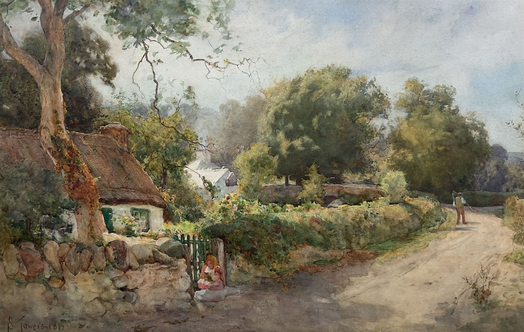 Samuel Towers (British 1862-1943): Girl with Kitten by Country Cottage, watercolour signed and dated 1899, 37cm x 58cm