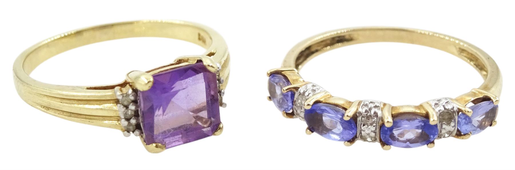Gold tanzanite and diamond half eternity ring and a gold amethyst and diamond ring, both hallmarked 9ct