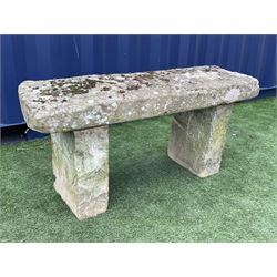 Three piece sandstone garden bench, weathered and hand tooled rectangular seat on two supports  - THIS LOT IS TO BE COLLECTED BY APPOINTMENT FROM DUGGLEBY STORAGE, GREAT HILL, EASTFIELD, SCARBOROUGH, YO11 3TX