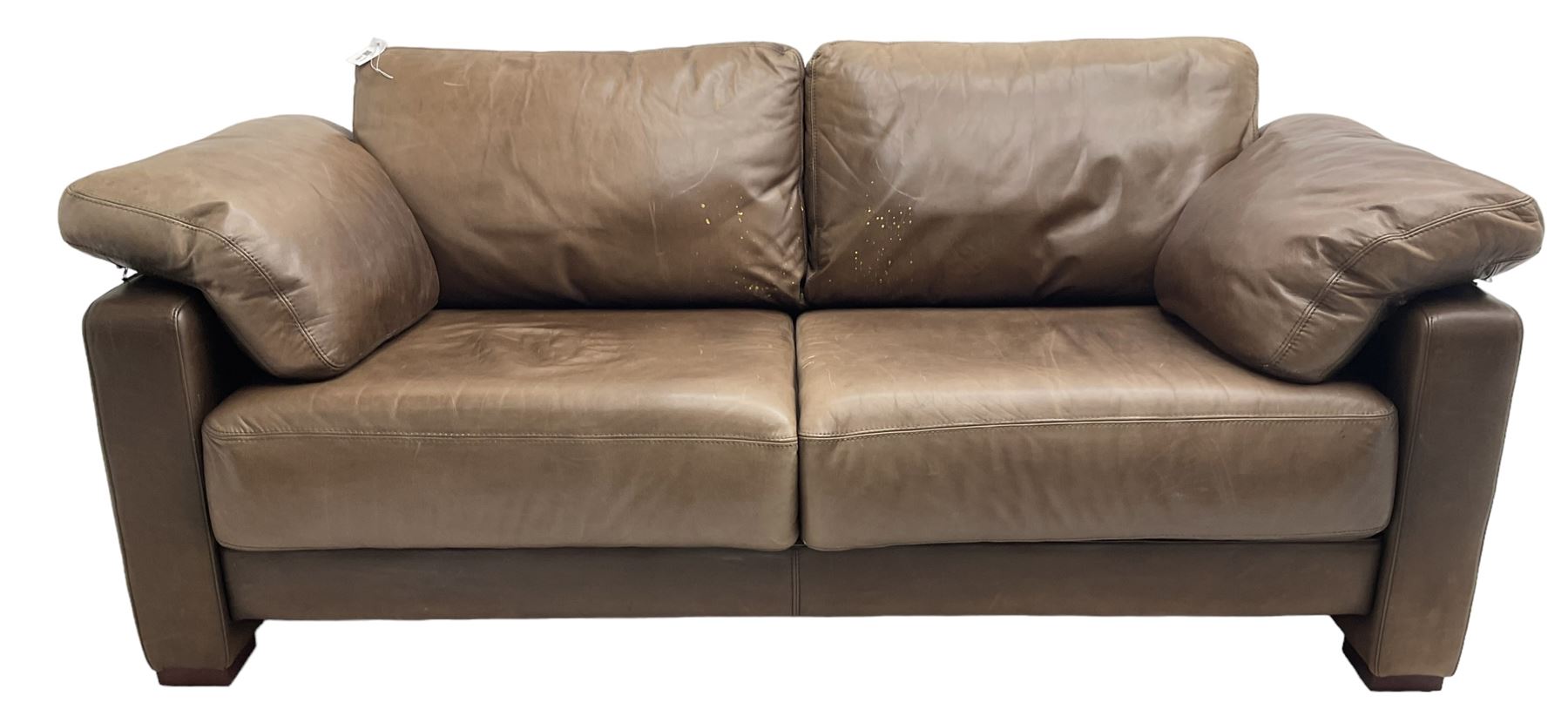 Heals - contemporary two seat 'Palermo' sofa, upholstered in chocolate brown leather, raised on wooden block feet