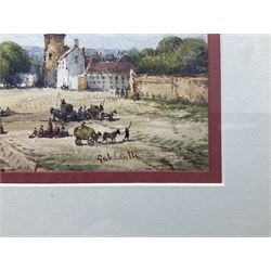 Gabriele Carelli (Italian c.1820-1900): Unloading on the River Quay with a Steam Train crossing the Viaduct in the Distance, watercolour signed 13cm x 35cm