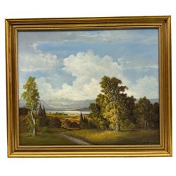 Andrew Grant Kurtis (British 1963-): Lakeside and Mountains, oil on canvas signed 49cm x 74cm; A Busch (British 20th Century): Cumbria, oil on canvas signed 49cm x 59cm (2)