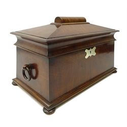  Regency walnut tea caddy of sarcophagus form, triple division interior with twin lift out lidded tea vessels, with bowl recess (lacking bowl), inlaid mother-of-pearl escutcheon, on bun feet, L36cm x H23cm x D21cm   