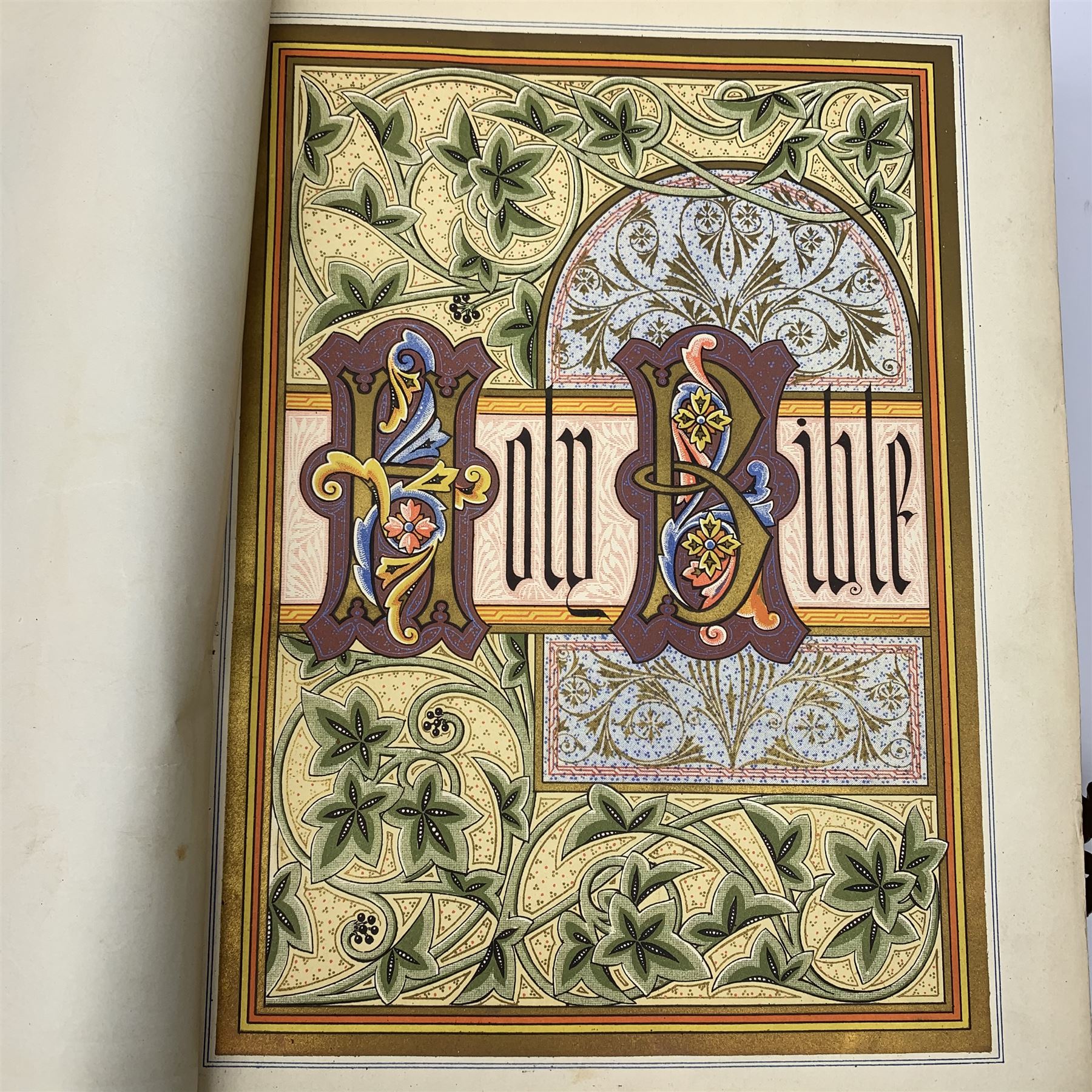 Victorian Rev. John Eadie leather bound Family Bible; three other Victorian leather bound Bibles; and another Victorian leather bound book The Altar of the Household edited by the late rev. John Harris (5)