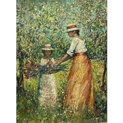Philip A Corley (Irish/American 1944-): 'Picking Flowers', oil on canvas board signed with monogram 60cm x 45cm