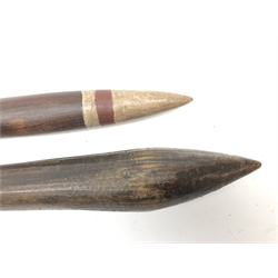  Aboriginal wooden nula, nula club of typical form with bulbous end and tapering shaft, L66cm  and another with painted end detail, L51cm )2)  