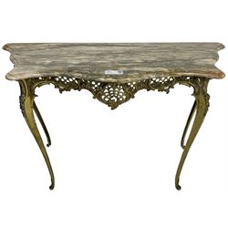 Louis XVI design serpentine front console table, shaped marble top over a cast brass base, the apron pierced and decorated with c-scrolls and foliate cartouche motifs, on cabriole supports with floral patterned knees