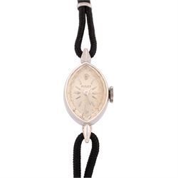 Rolex ladies 14ct white gold manual wind wristwatch, circa. 1960's, silvered dial with bat...