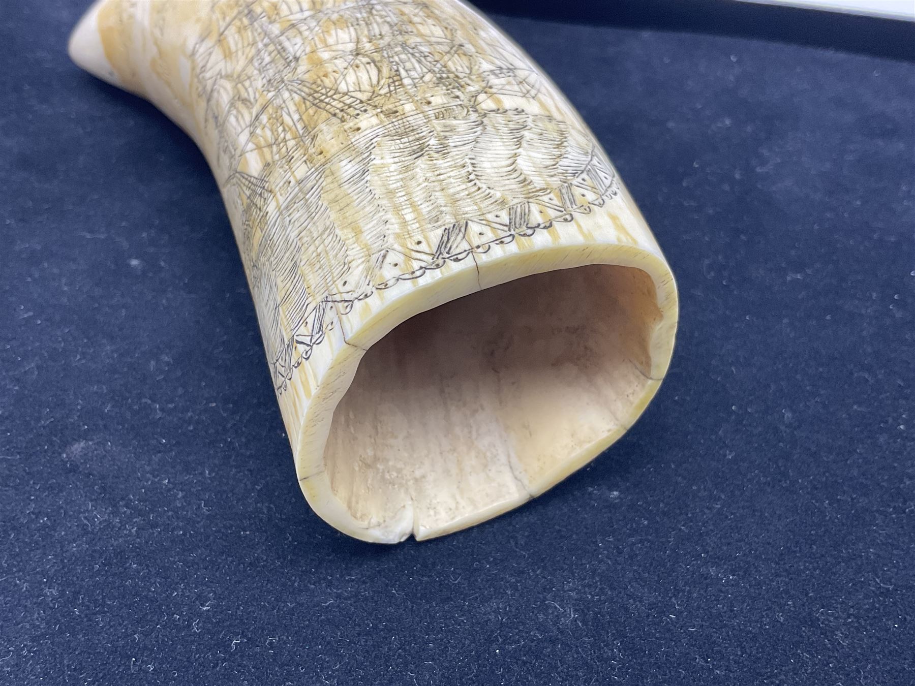19th century scrimshaw sperm whale tooth from the whaler 'Dove' initialled J.A, Notes, Dove was a Union whaling boat, built at Newbury. Tt was scuttled as part of the Second Stone Fleet on January 25th-26th, 1862, in an attempt to block Charleston Harbor. The captain of the Dove was Captain James Wells Green Port. There were five members of the crew had the initials J.A, any of which could have created the scrimshaw.