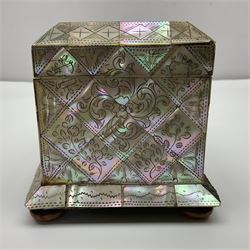 Victorian mother of pearl tea caddy, of rectangular bow-fronted form, the body with floral, bird and geometric engraved mother of pearl panels, white metal shield plaque to the cover inscribed with the initials G.J.A and similar escutcheon, the two division interior with ivory edging and two panelled mother of pearl lids, on four vegetable ivory bun feet L20cm, together with a similar style mother of pearl card case (2) This item has been registered for sale under Section 10 of the APHA Ivory Act