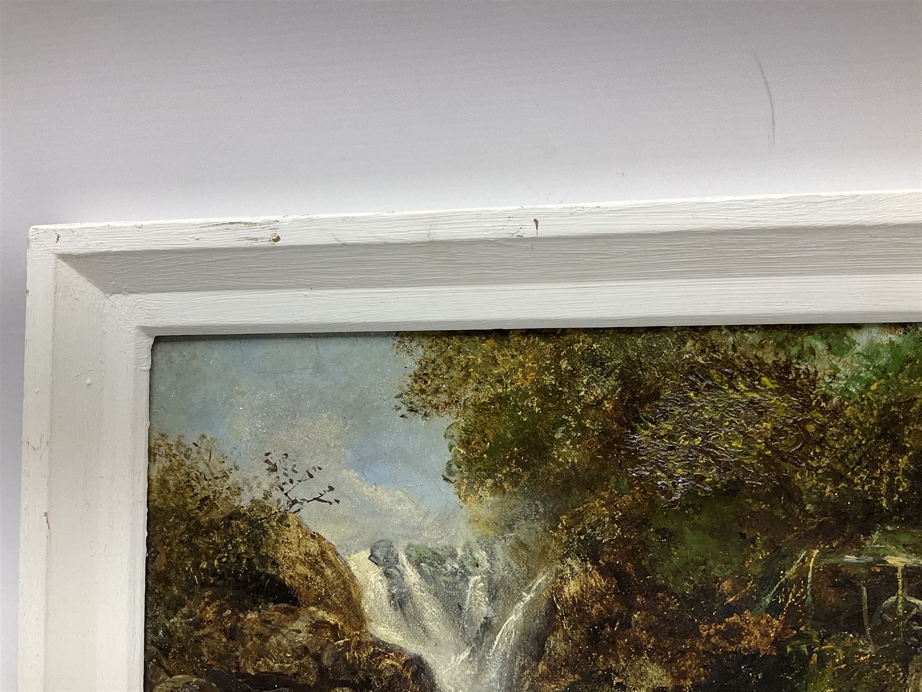 E Fraser (Scottish 19th century): Picnic Next to Roaring Waterfall, oil on board signed and dated 1884, 29cm x 44cm