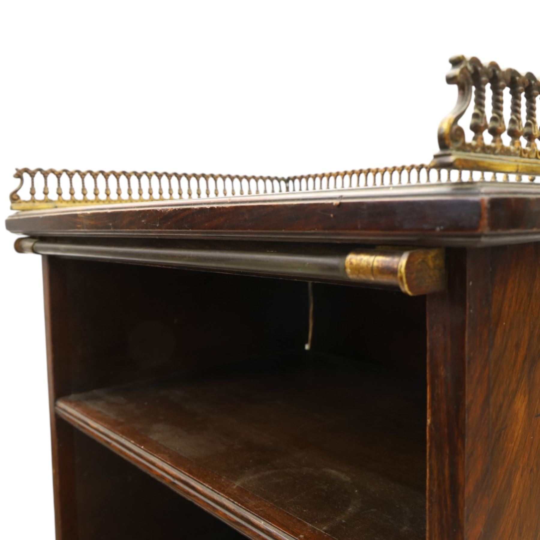 Victorian rosewood bookcase, pierced brass three quarter gallery, with four graduating shelves, raised on a plinth base 