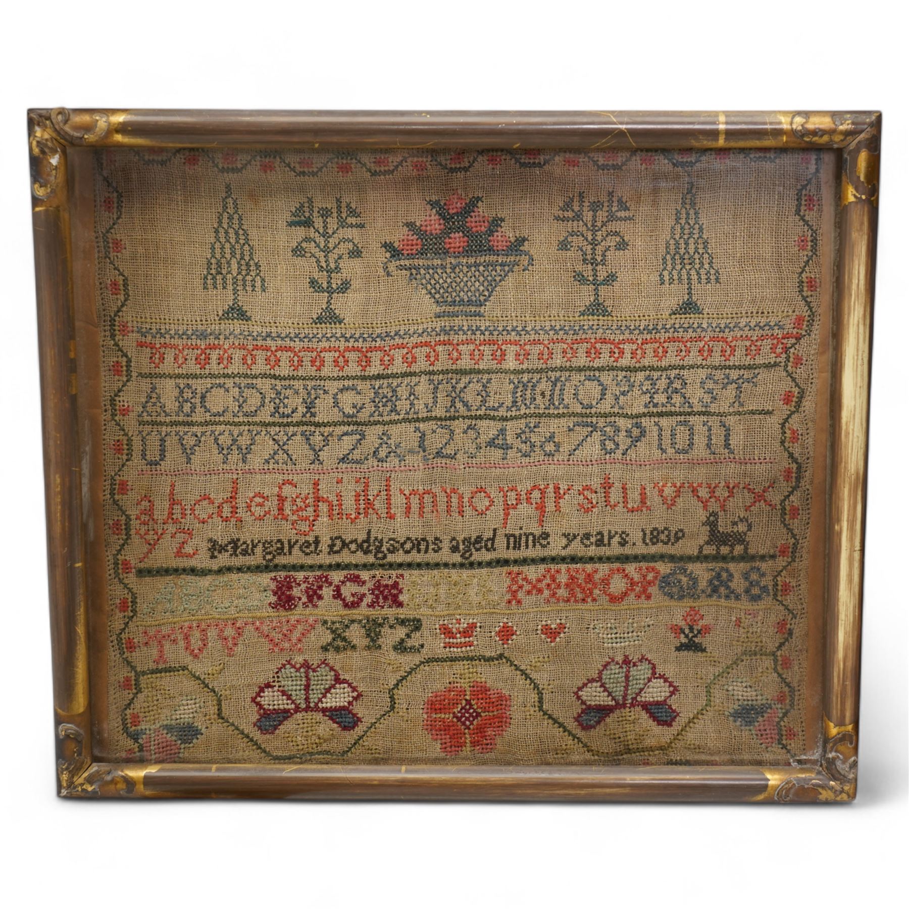  Early 19th century needlework sampler by Mary Parkin aged 12 years with alphabet, numerals and verse 40cm x 30cm and another by Margaret Dodgsons aged 9 years 1839 26cm x 32cm (2)