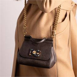 Dolce & Gabbana - ‘Miss Sicily’ Jewelled Mini Shoulder Bag, the model introduced for the Fall/Winter 2017/2018 collection, in structured brown iguana-print calfskin leather, the front applied with a multicoloured crystal-set DG monogram logo incorporating floral motif, with detachable gold-tone chain shoulder strap, unused with original dust bag and tags