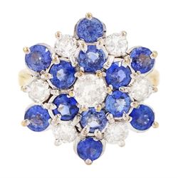 9ct gold sapphire and diamond cluster ring, set with seven round brilliant cut diamonds an...