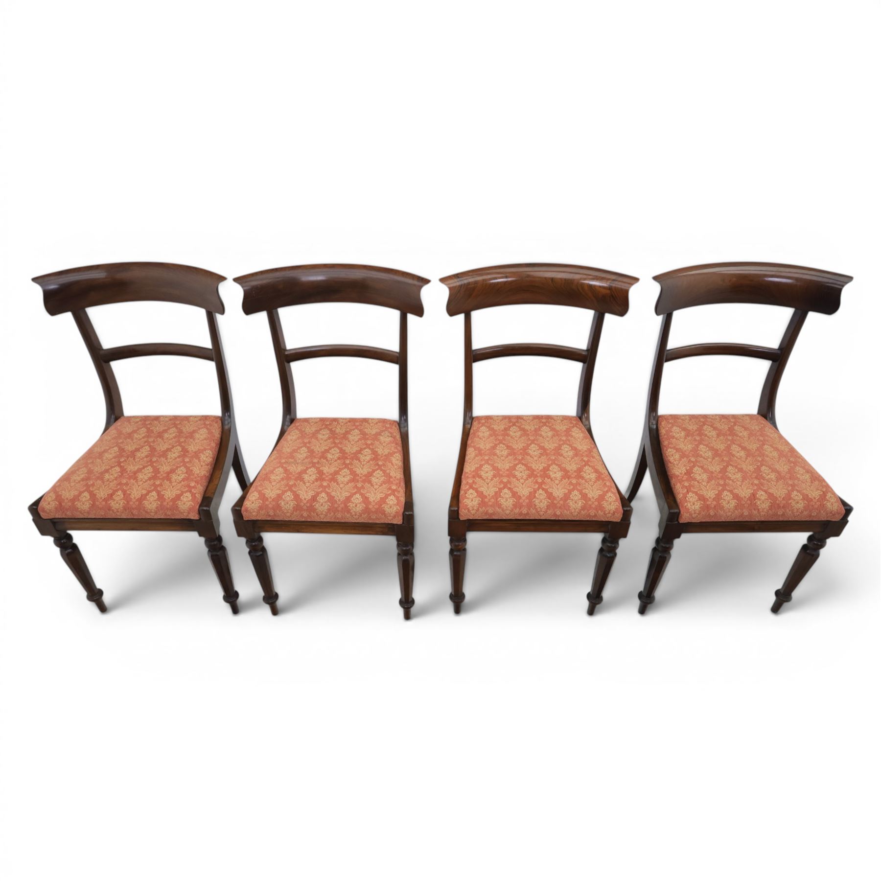 Set of eight 20th century solid rosewood dining chairs, upholstered drop in seats, on oak stretchers, made by Gott's of Pickering and T Feetam of Hull, stamped on all chairs, seat height 47cm
