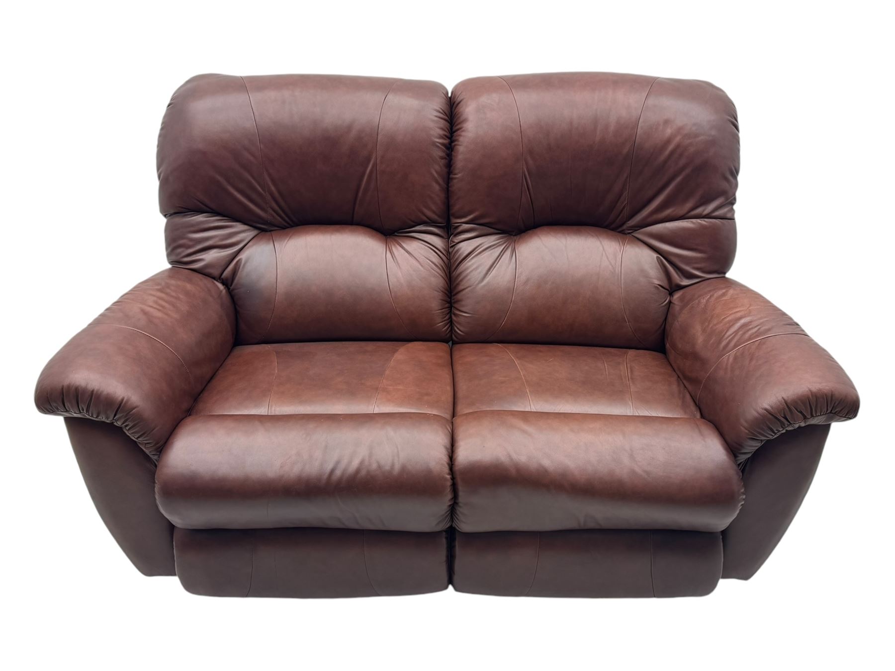 La-Z-Boy - manual reclining three piece suite - two seater sofa (W165cm, H105cm); and two armchairs (W98cm), upholstered in brown leatherette