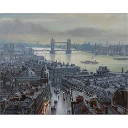 Steven Scholes (Northern British 1952-): 'Tower Bridge and Billingsgate Fish Market - London 1958', oil on canvas signed, titled verso 38cm x 49cm