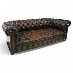 Contemporary dark brown leather Chesterfield-style two-seat settee, deep buttoned back and...
