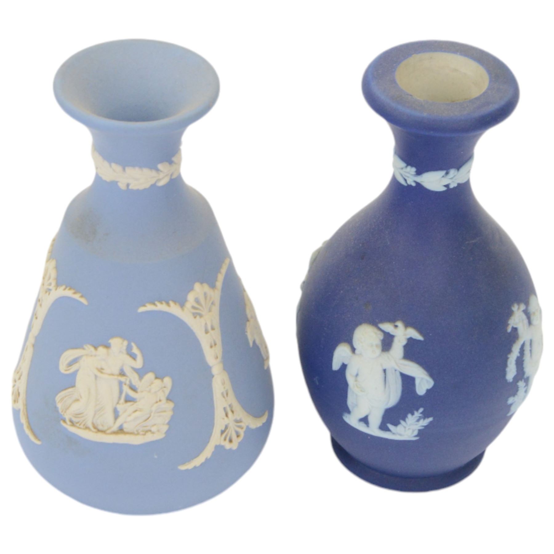 Wedgwood Jasperware twin handled vase with fluted rim, together with Tunstall jasperware twin handled urn and other jasperware 