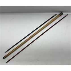 Three parade ground canes - malacca cane Coldstream Guards with plated mount engraved 'H.A. Myhan' L87cm; ebonised Church Lads Brigade 'Fight The Good Fight'; and mahogany stained Worcestershire Regiment (3)