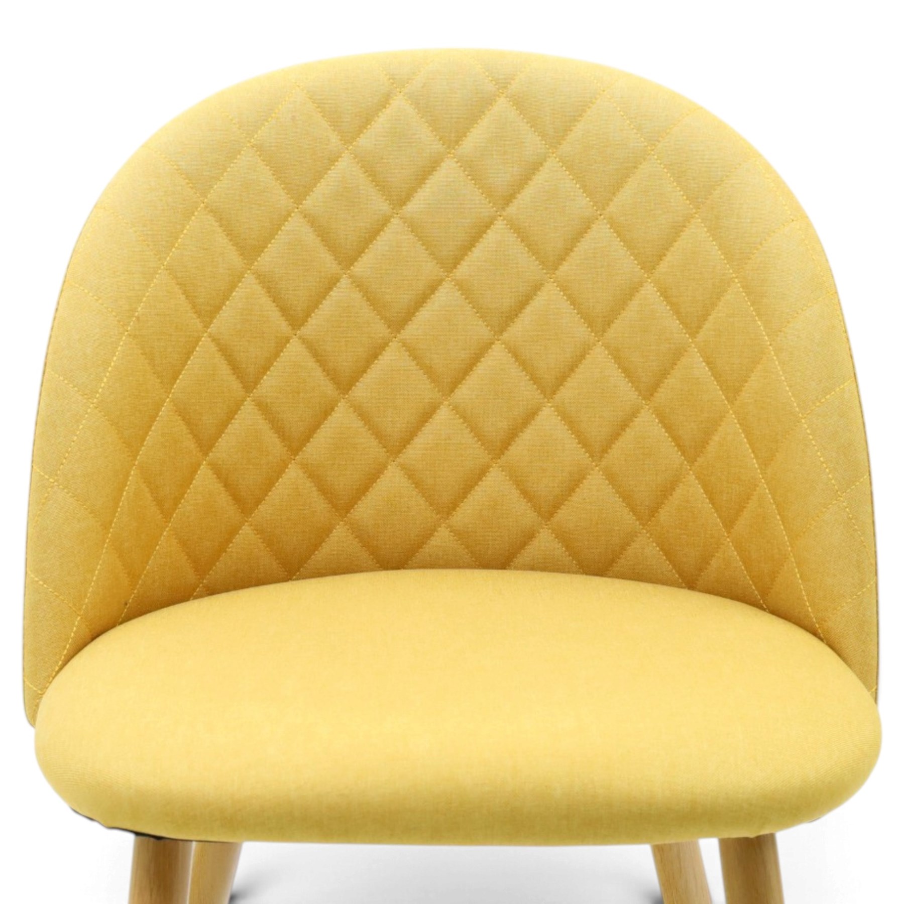 Set of four contemporary yellow upholstered dining chairs, with wrap around back with quilted stitching, padded seat raised on light oak tapering supports 