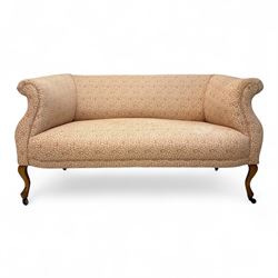 19th century mahogany framed two seat settee, fully upholstered in small-scale floral fabr...
