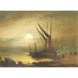 English School (19th century): Barges Unloading under Moonlight, oil on panel indistinctly signed 22cm x 30cm, and a 'Bubbles' Pears print 52cm x 36cm (2)