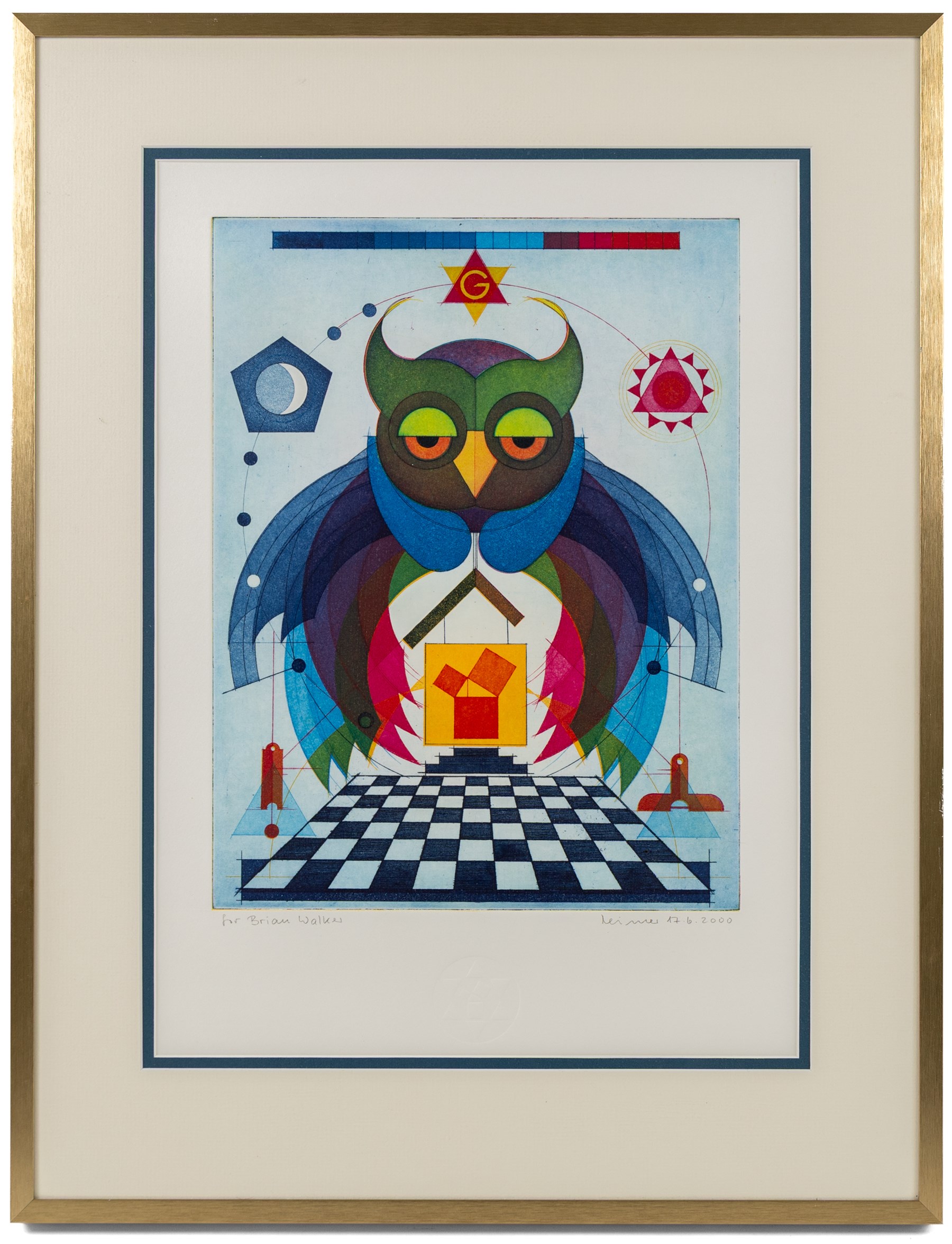 Hans-Joachim 'Jockel' Reisner (German 1938-2023): Majestic Owl, coloured etching signed and dated 2000 in pencil, stamped with blindstamp 32cm x 24.5cm
Notes: Reisner is best known for creating the Bradford City Fire Memorial in 1986. His style of printmaking is characterised by geometric lines and shapes, influenced by his degree in engineering.