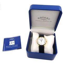 Rotary Elite gentleman's 9ct gold quartz wristwatch, white dial with date aperture, on black leather strap, boxed