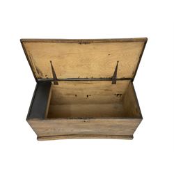 Elm blanket box, hinged lid enclosing candle box, fitted with metal carrying handles, on moulded plinth base