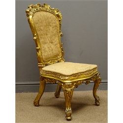  19th century carved gilt wood salon chair, shaped back with scroll work detail, serpentine seat, labelled 'W.Constantine & Co Leeds, Workman's name: Maxwell Gilder'. Provenance Castle Howard, W52cm, H98cm, D50cm  