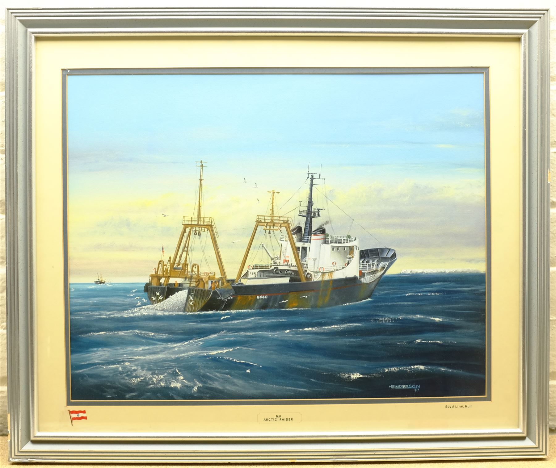 Ronald Henderson (British 20th century): 'M.V. Arctic Raider' - Hull Trawler Ship's Portrait, gouache signed and dated '97, artist's Tyne & Wear address label verso 45cm x 58cm; and After Adrian Thompson (British 1960-): 'Arctic Raider', colour print signed in pencil 39cm x 49cm (2)
