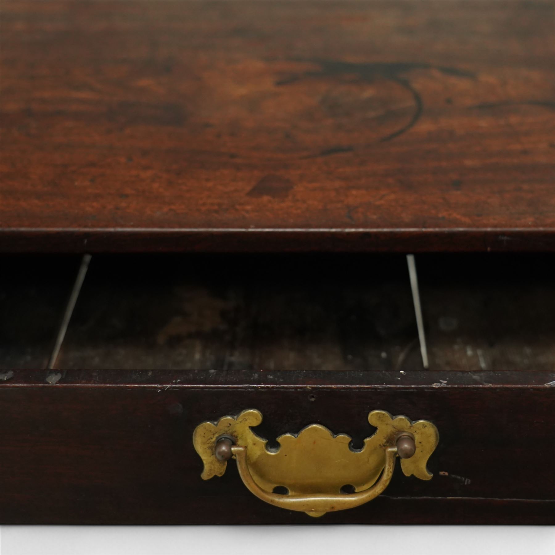 George III stained mahogany side table, rectangular top with aged finish, fitted drawer with brass swing handle on square legs