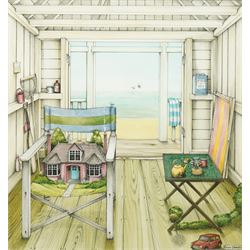 Colin Thompson (British/Australian 1942-): Home in Beach Hut Illustration, ink and waterco...