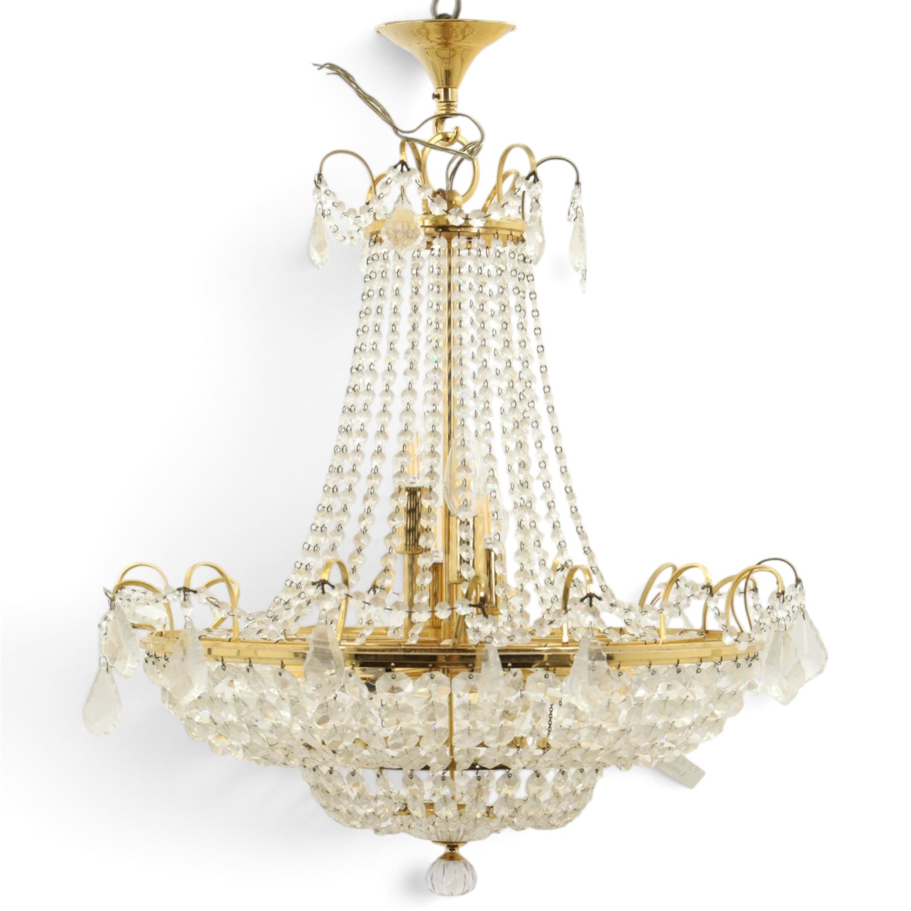 Art Deco style set of two chandeliers, brass and beaded glass, (H 60cm, Di 60cm) (H 75cm, Di 62cm) 