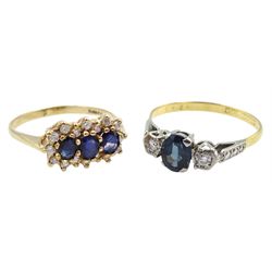 18ct gold three stone sapphire and diamond ring and a 9ct gold blue and clear stone set ring